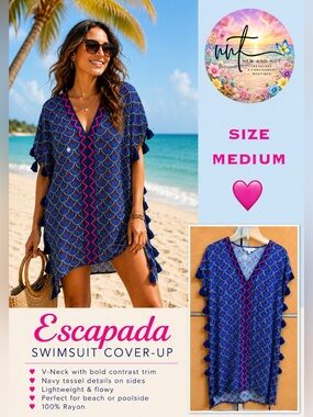 Escapada Living Swim Cover Up Medium Blue Pink Tassel Rayon Beach Kaftan